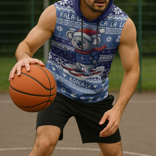 Australia Christmas In July Sleeveless Hoodie Koala Santa Skiing Blue Color