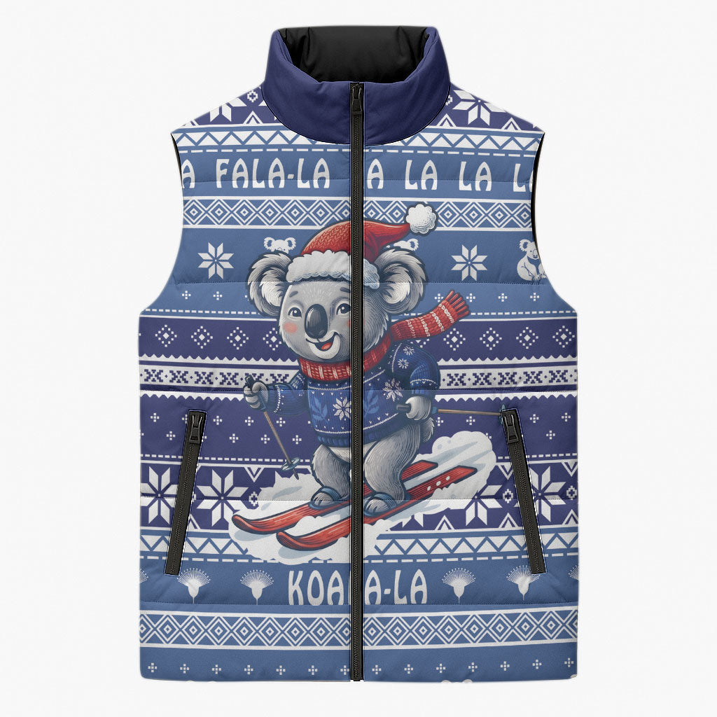 Australia Christmas In July Sleeveless Puffer Jacket Koala Santa Skiing Blue Color