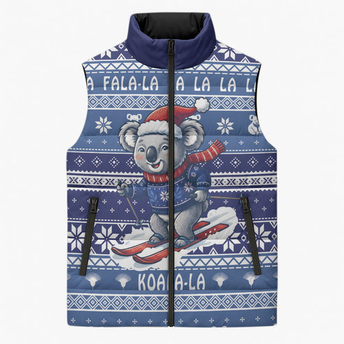 Australia Christmas In July Sleeveless Puffer Jacket Koala Santa Skiing Blue Color
