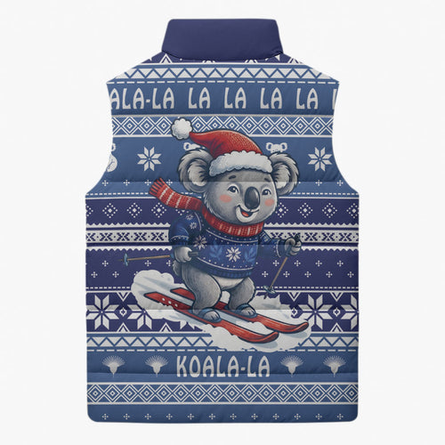 Australia Christmas In July Sleeveless Puffer Jacket Koala Santa Skiing Blue Color