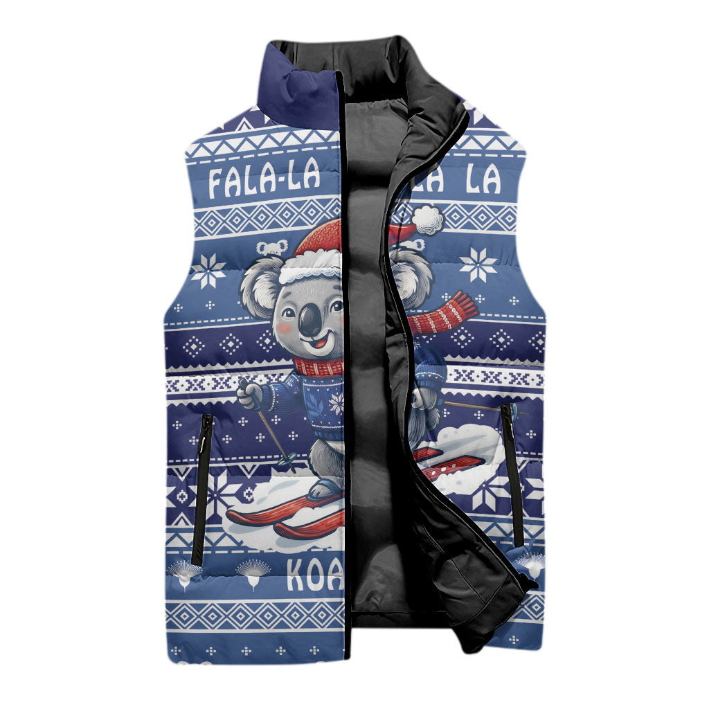 Australia Christmas In July Sleeveless Puffer Jacket Koala Santa Skiing Blue Color