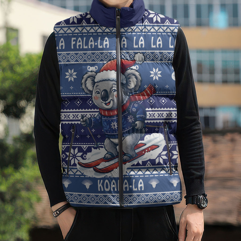 Australia Christmas In July Sleeveless Puffer Jacket Koala Santa Skiing Blue Color