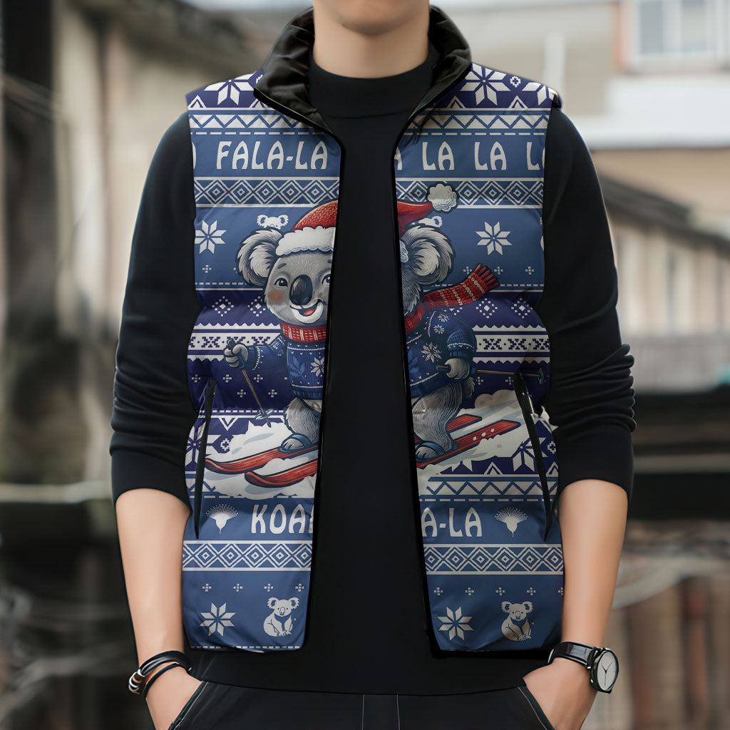 Australia Christmas In July Sleeveless Puffer Jacket Koala Santa Skiing Blue Color