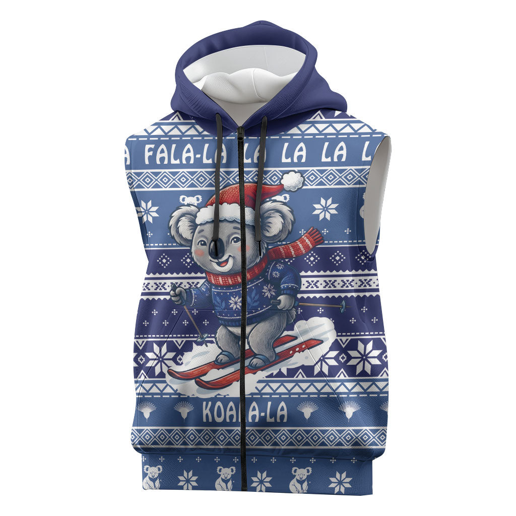 Australia Christmas In July Sleeveless Zip Hoodie Koala Santa Skiing Blue Color