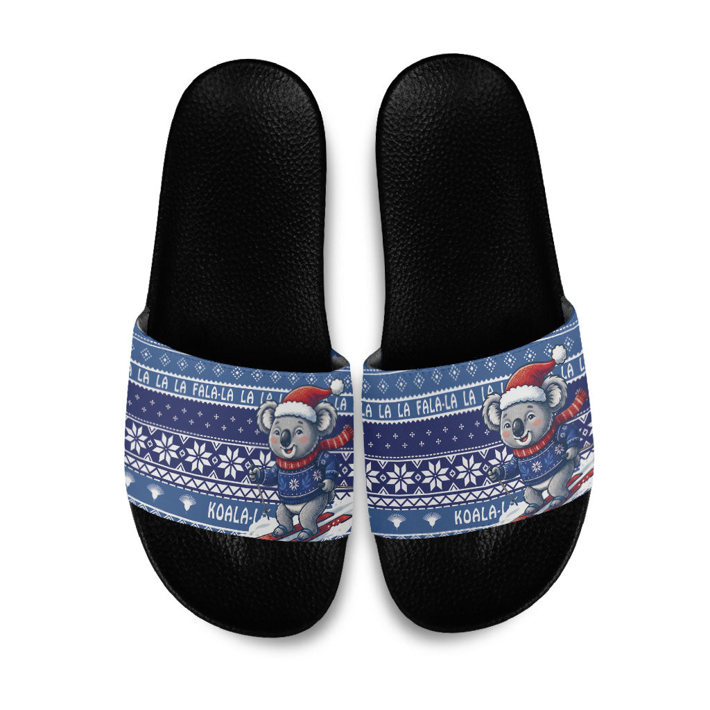 Australia Christmas In July Slide Sandals Koala Santa Skiing Blue Color