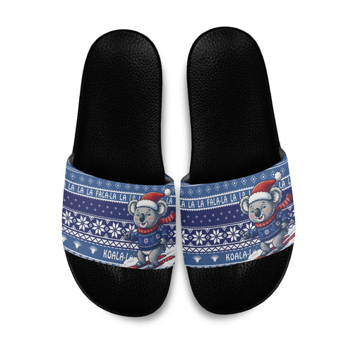 Australia Christmas In July Slide Sandals Koala Santa Skiing Blue Color