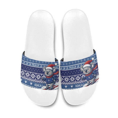 Australia Christmas In July Slide Sandals Koala Santa Skiing Blue Color
