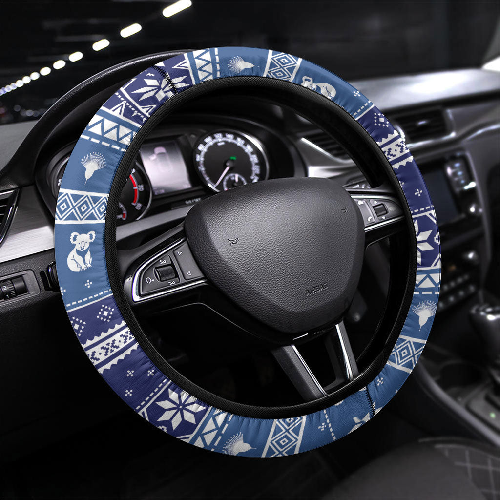 Australia Christmas In July Steering Wheel Cover Koala Santa Skiing Blue Color