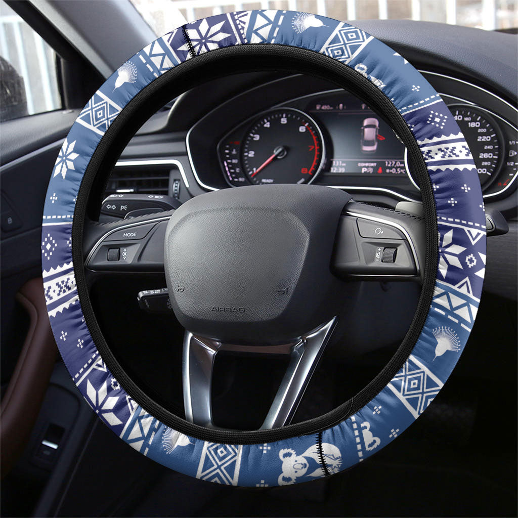 Australia Christmas In July Steering Wheel Cover Koala Santa Skiing Blue Color