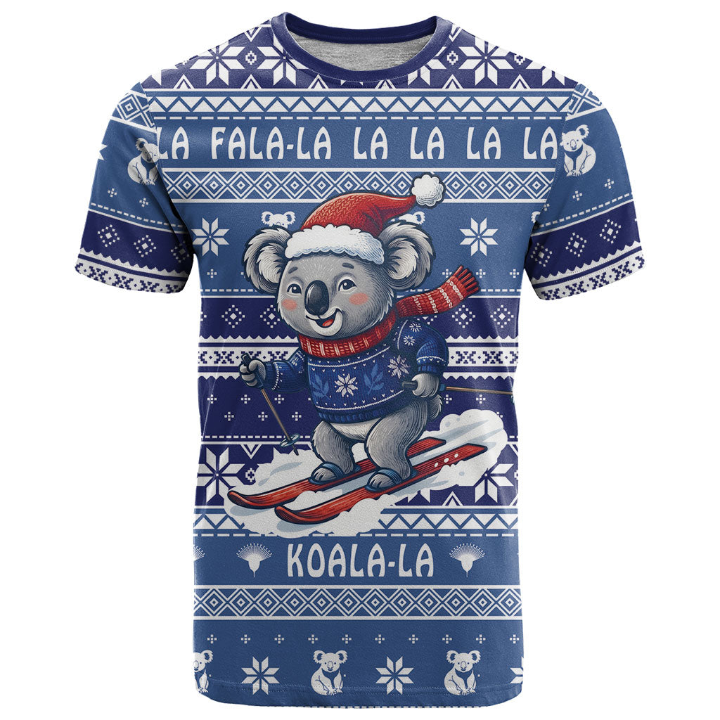 Australia Christmas In July T Shirt Koala Santa Skiing Blue Color