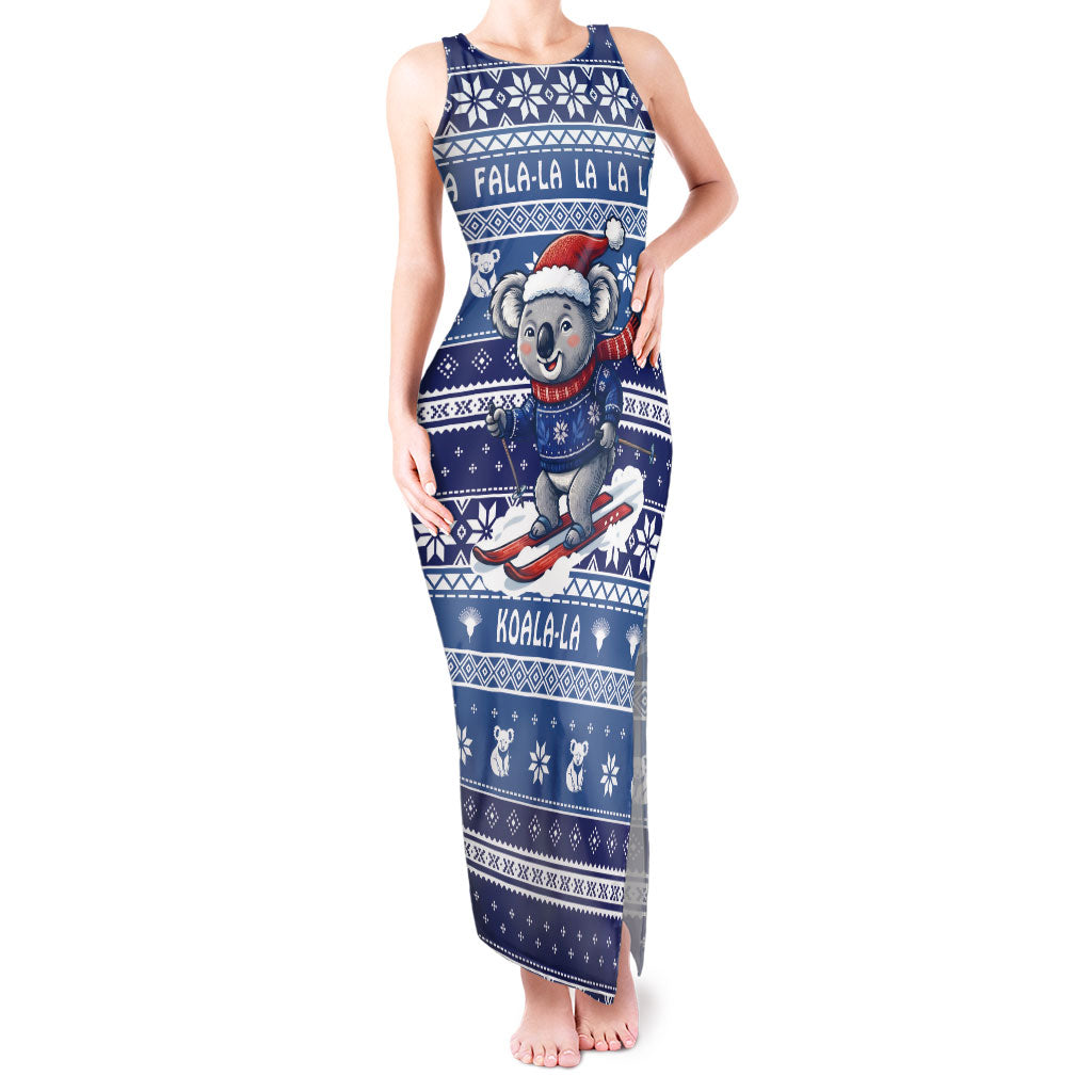 Australia Christmas In July Tank Maxi Dress Koala Santa Skiing Blue Color
