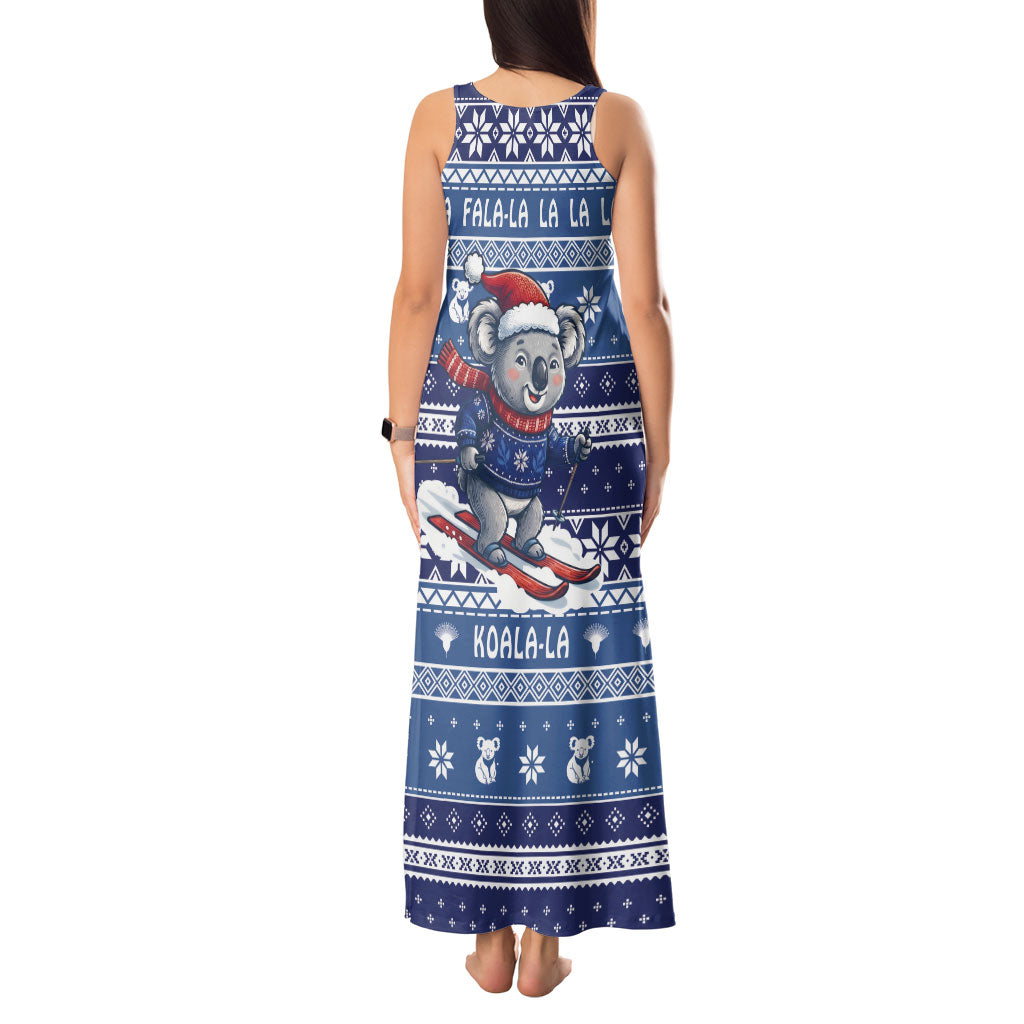 Australia Christmas In July Tank Maxi Dress Koala Santa Skiing Blue Color