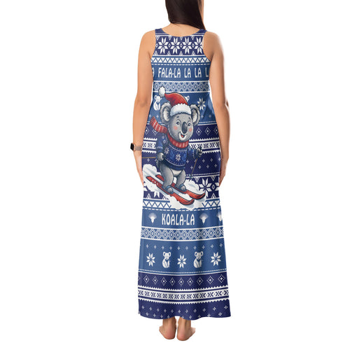 Australia Christmas In July Tank Maxi Dress Koala Santa Skiing Blue Color
