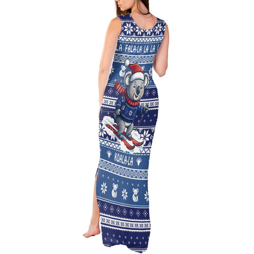 Australia Christmas In July Tank Maxi Dress Koala Santa Skiing Blue Color