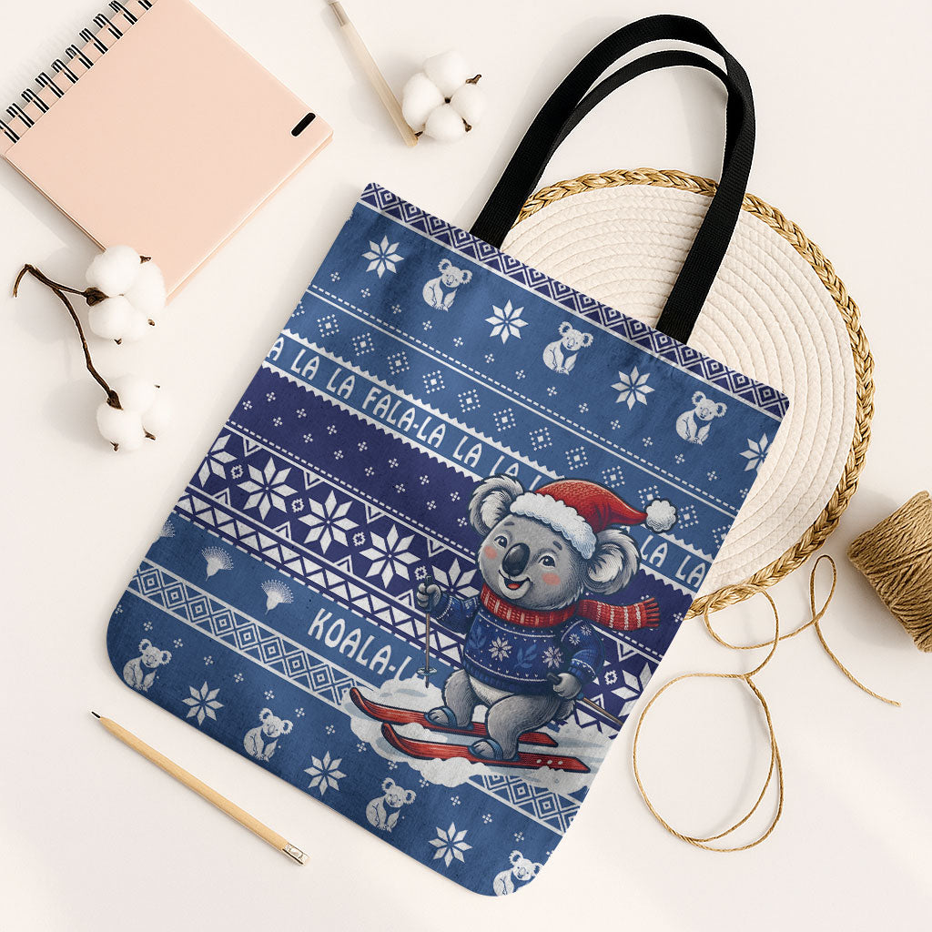 Australia Christmas In July Tote Bag Koala Santa Skiing Blue Color