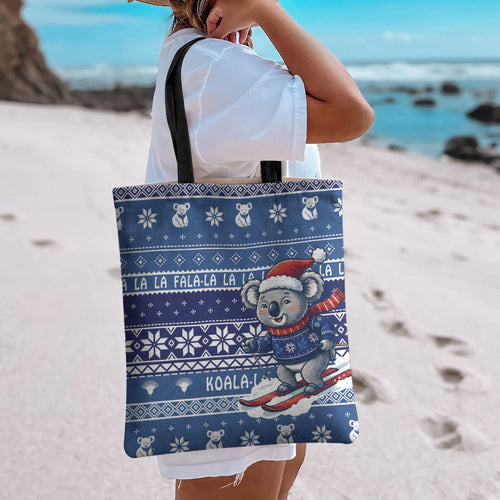Australia Christmas In July Tote Bag Koala Santa Skiing Blue Color