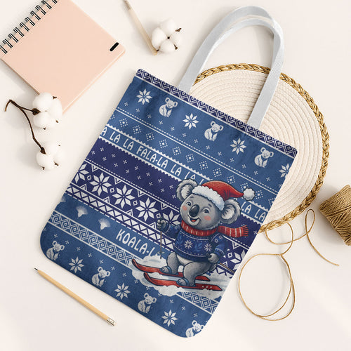 Australia Christmas In July Tote Bag Koala Santa Skiing Blue Color