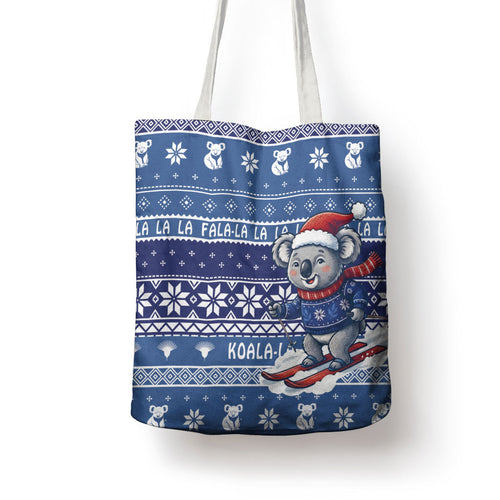 Australia Christmas In July Tote Bag Koala Santa Skiing Blue Color