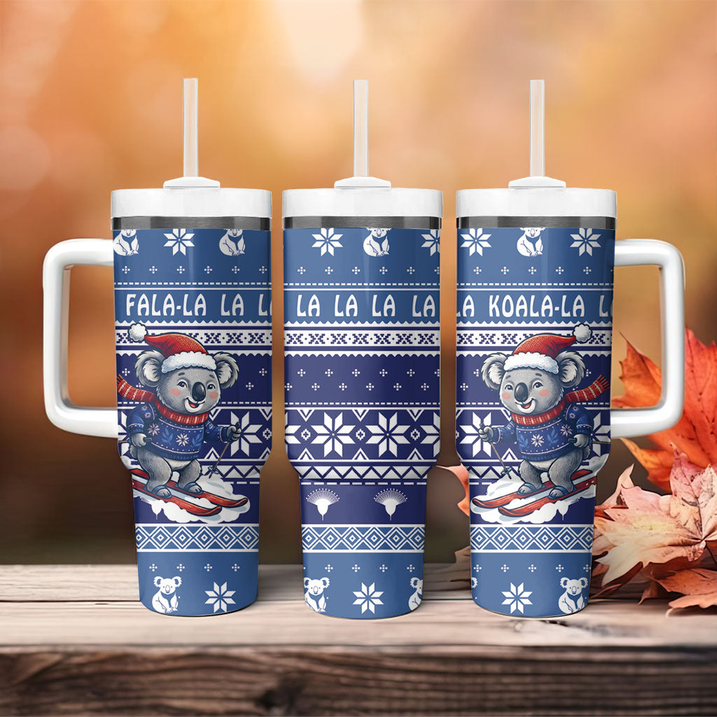 Australia Christmas In July Tumbler With Handle Koala Santa Skiing Blue Color