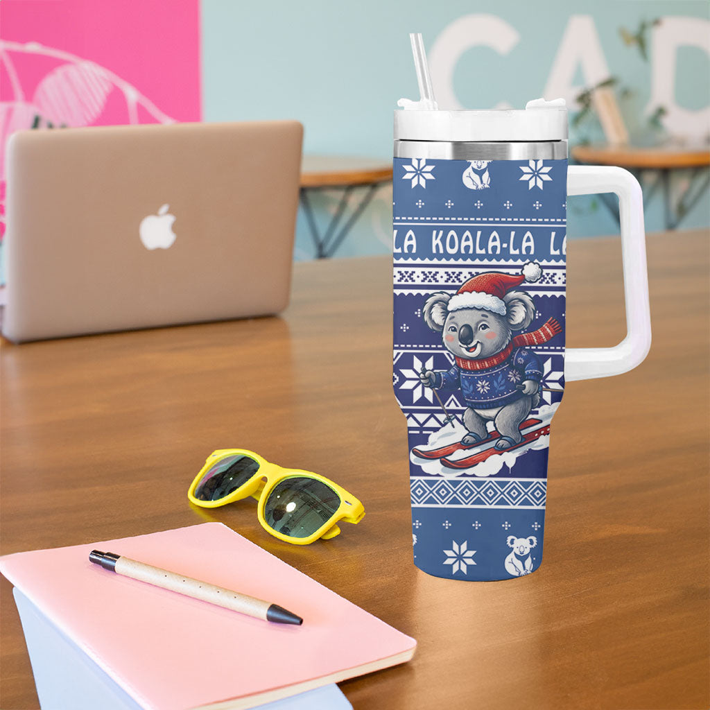 Australia Christmas In July Tumbler With Handle Koala Santa Skiing Blue Color
