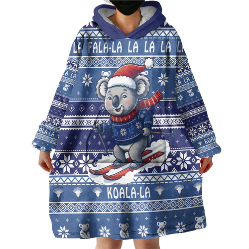 Australia Christmas In July Wearable Blanket Hoodie Koala Santa Skiing Blue Color