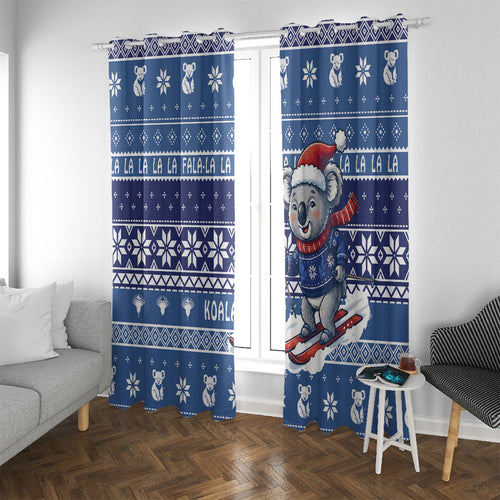 Australia Christmas In July Window Curtain Koala Santa Skiing Blue Color