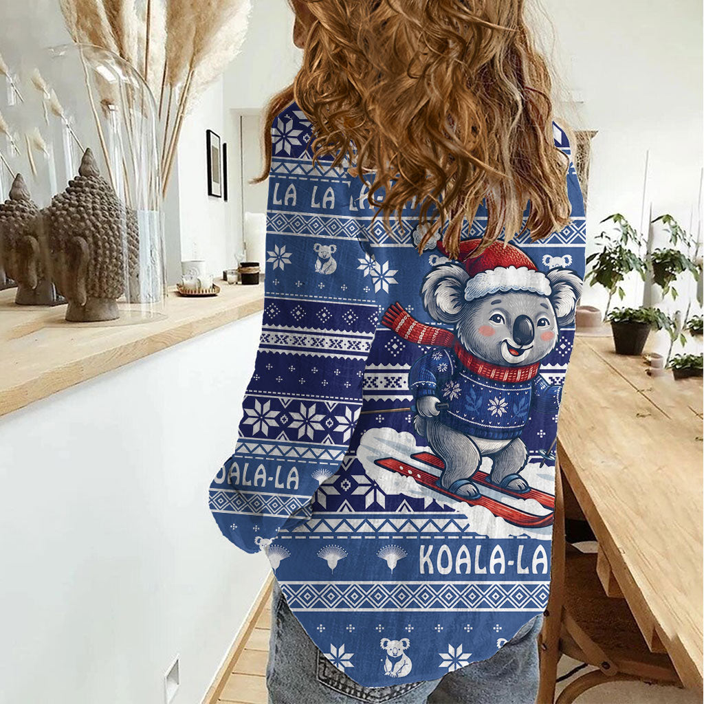 Australia Christmas In July Women Casual Shirt Koala Santa Skiing Blue Color