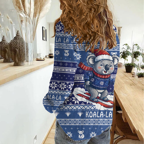 Australia Christmas In July Women Casual Shirt Koala Santa Skiing Blue Color