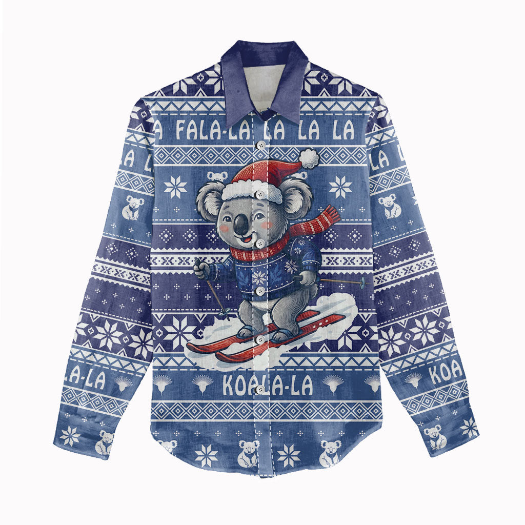 Australia Christmas In July Women Casual Shirt Koala Santa Skiing Blue Color