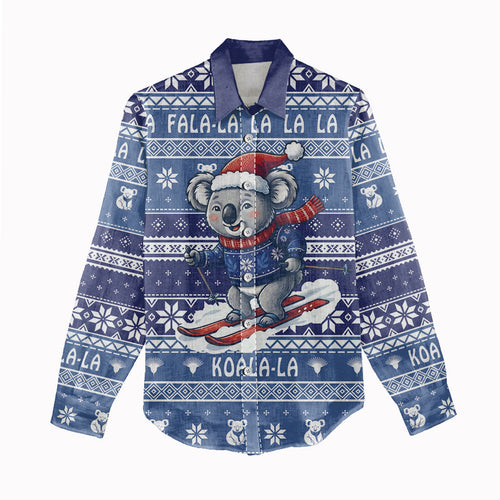 Australia Christmas In July Women Casual Shirt Koala Santa Skiing Blue Color