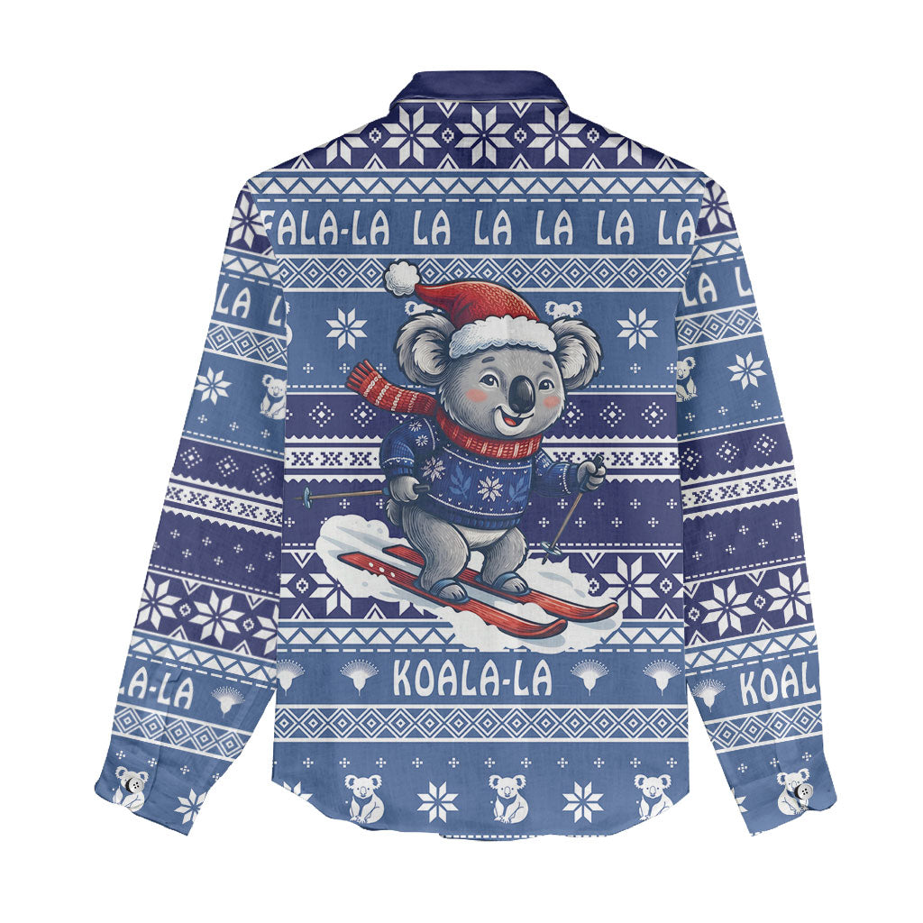 Australia Christmas In July Women Casual Shirt Koala Santa Skiing Blue Color