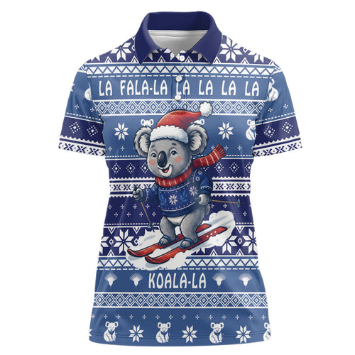 Australia Christmas In July Women Polo Shirt Koala Santa Skiing Blue Color