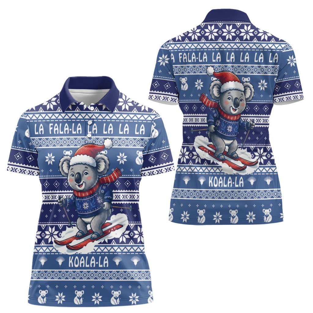 Australia Christmas In July Women Polo Shirt Koala Santa Skiing Blue Color