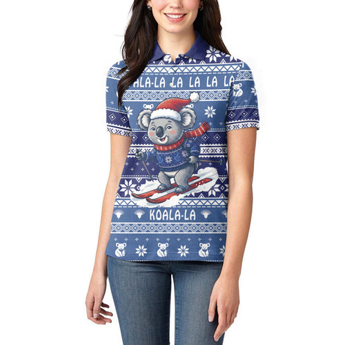 Australia Christmas In July Women Polo Shirt Koala Santa Skiing Blue Color