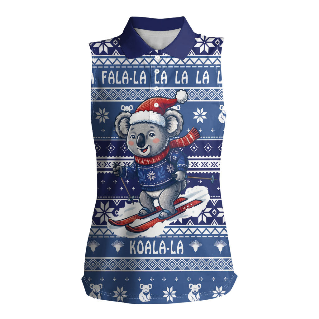Australia Christmas In July Women Sleeveless Polo Shirt Koala Santa Skiing Blue Color