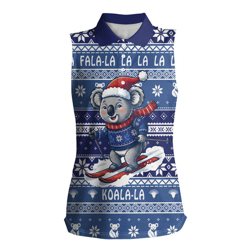 Australia Christmas In July Women Sleeveless Polo Shirt Koala Santa Skiing Blue Color