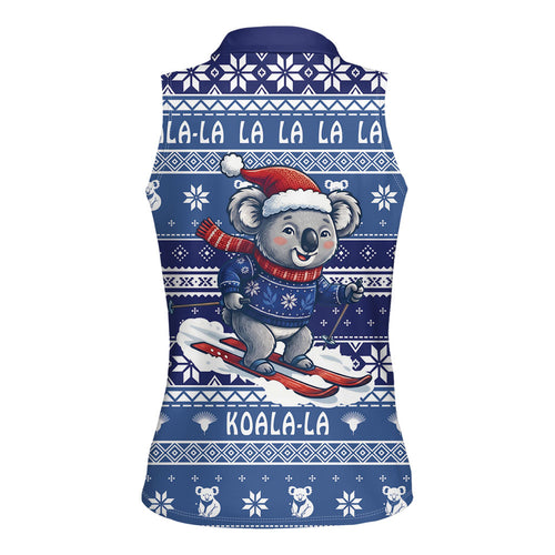 Australia Christmas In July Women Sleeveless Polo Shirt Koala Santa Skiing Blue Color