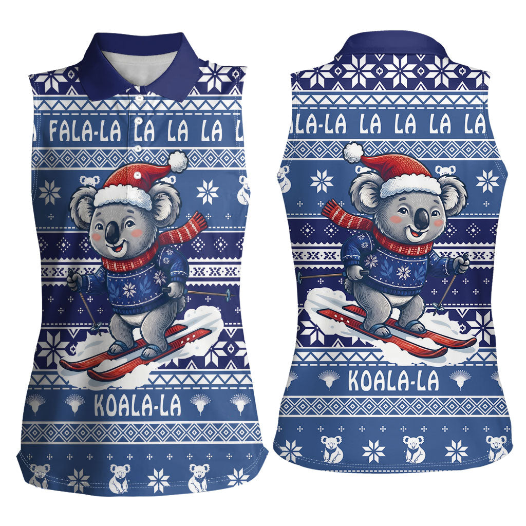 Australia Christmas In July Women Sleeveless Polo Shirt Koala Santa Skiing Blue Color
