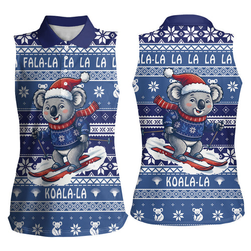 Australia Christmas In July Women Sleeveless Polo Shirt Koala Santa Skiing Blue Color