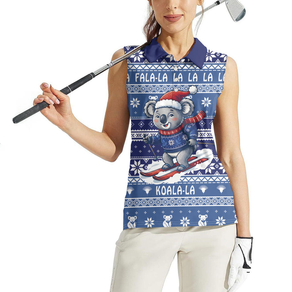 Australia Christmas In July Women Sleeveless Polo Shirt Koala Santa Skiing Blue Color