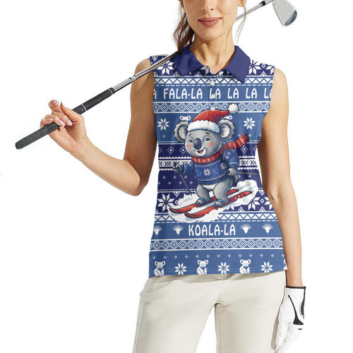 Australia Christmas In July Women Sleeveless Polo Shirt Koala Santa Skiing Blue Color