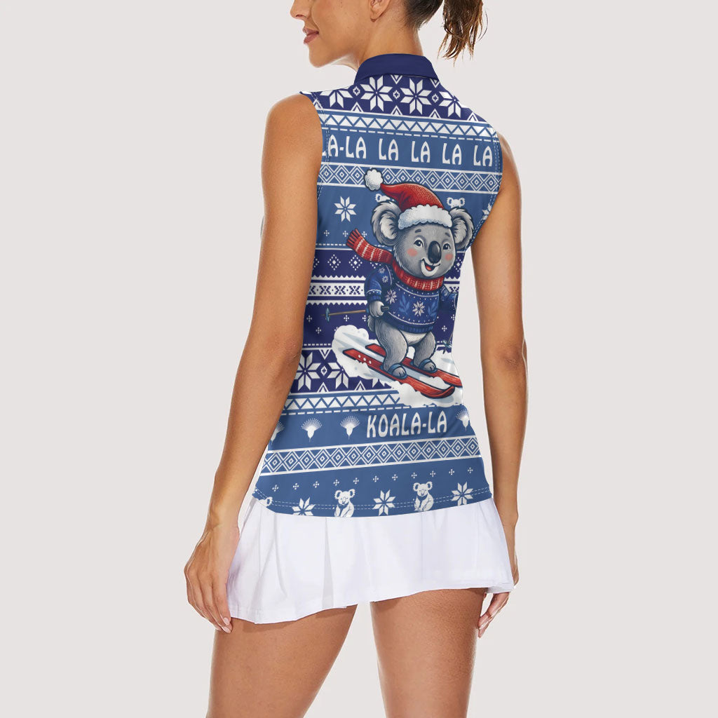 Australia Christmas In July Women Sleeveless Polo Shirt Koala Santa Skiing Blue Color