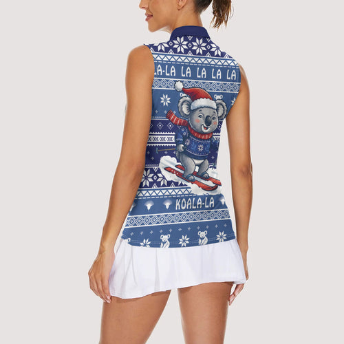 Australia Christmas In July Women Sleeveless Polo Shirt Koala Santa Skiing Blue Color