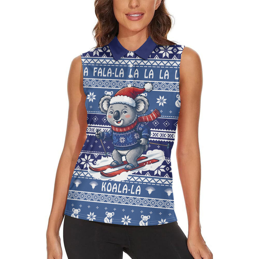 Australia Christmas In July Women Sleeveless Polo Shirt Koala Santa Skiing Blue Color