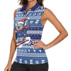 Australia Christmas In July Women Sleeveless Polo Shirt Koala Santa Skiing Blue Color