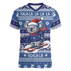 Australia Christmas In July Women V-Neck T-Shirt Koala Santa Skiing Blue Color