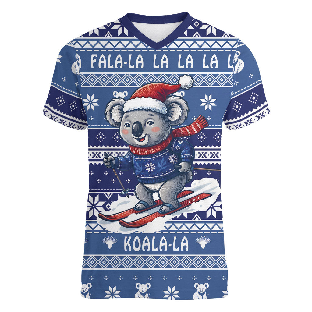 Australia Christmas In July Women V-Neck T-Shirt Koala Santa Skiing Blue Color
