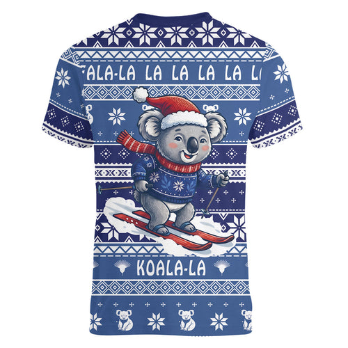 Australia Christmas In July Women V-Neck T-Shirt Koala Santa Skiing Blue Color