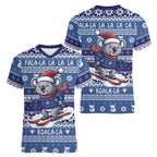 Australia Christmas In July Women V-Neck T-Shirt Koala Santa Skiing Blue Color
