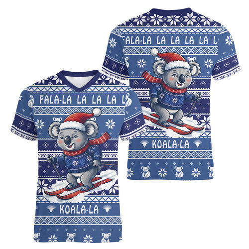 Australia Christmas In July Women V-Neck T-Shirt Koala Santa Skiing Blue Color